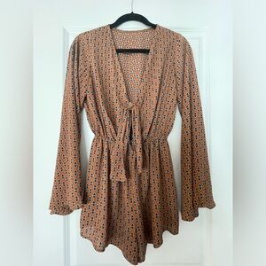 Women’s Front Tie Romper Brown/Tan with Navy Pattern Small